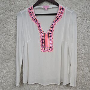 Lilly Pulitzer Top Womens XS White Dahle Embroidered Long Sleeve‎ Beach Tropical